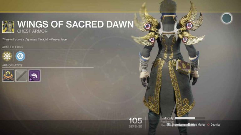 Destiny 2 Exotic Gear: Wings of Sacred Dawn (Warlock Chest Armor)