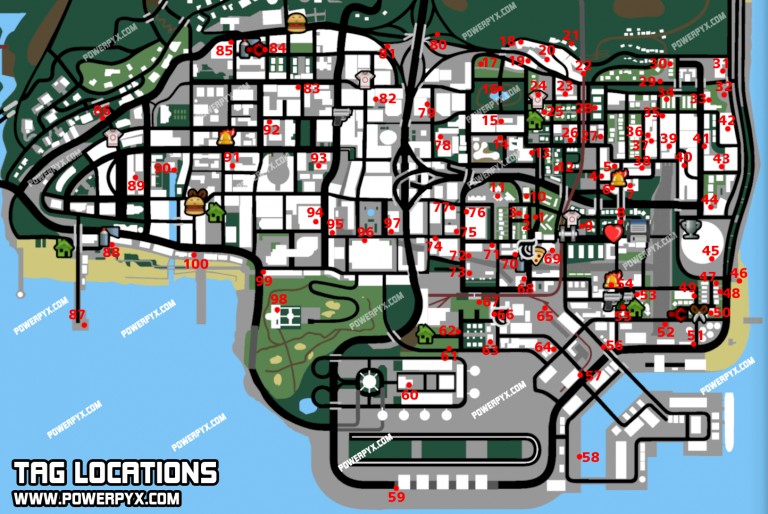 GTA San Andreas Definitive All Tag Locations   Gta San Andreas Tag Locations Map 768x514 